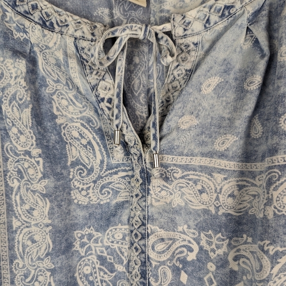 Vintage America Chambray Denim Peasant Blouse Top XXL Blue Handkerchief Print - Picture 4 of 15